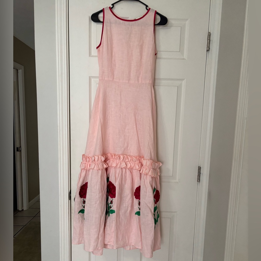 Fanm Mon Pink Dress with Red Floral embroidered Accents